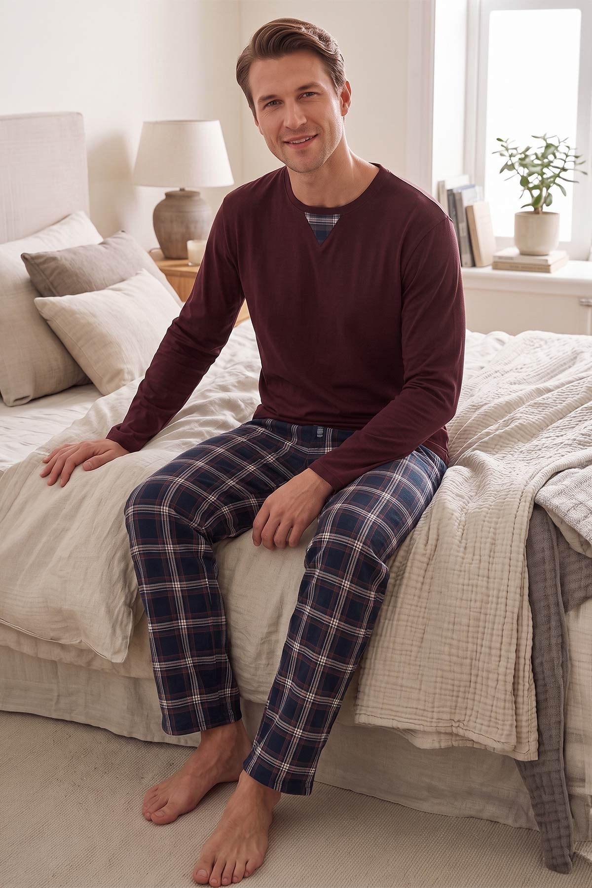 Mısırlı Erkek Pamuklu V Yaka Pijama Takım Bordo