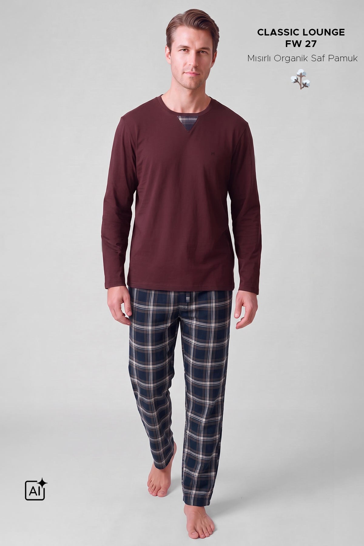Mısırlı Erkek Pamuklu V Yaka Pijama Takım Bordo