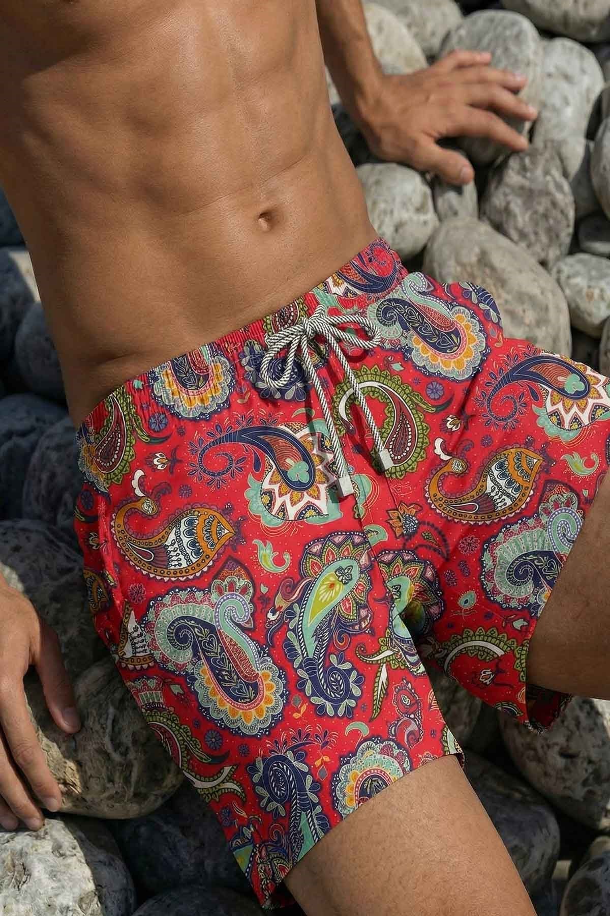 Mısırlı Erkek Şal Desen Deniz Şort Nar Çiçeği