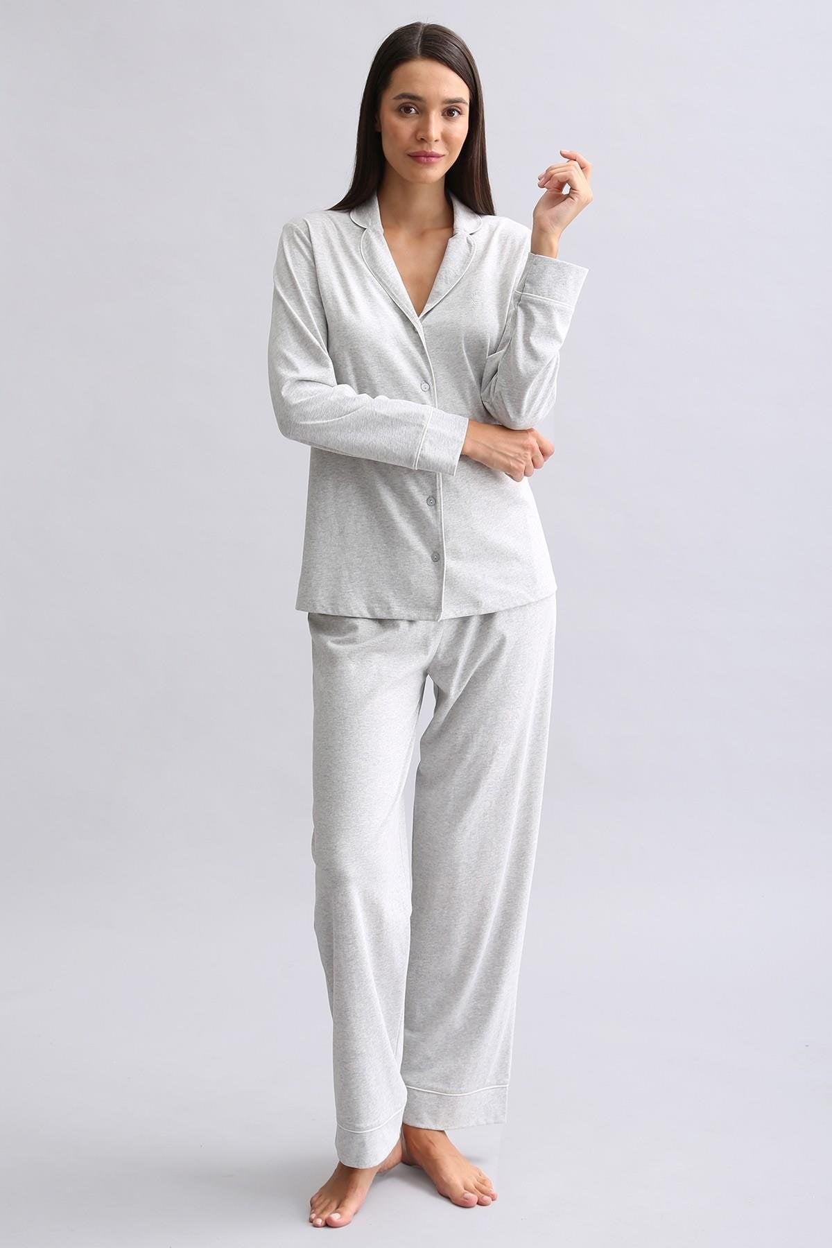 Mısırlı Kadın %100 Pamuk Pijama Takımı Gri Melanj