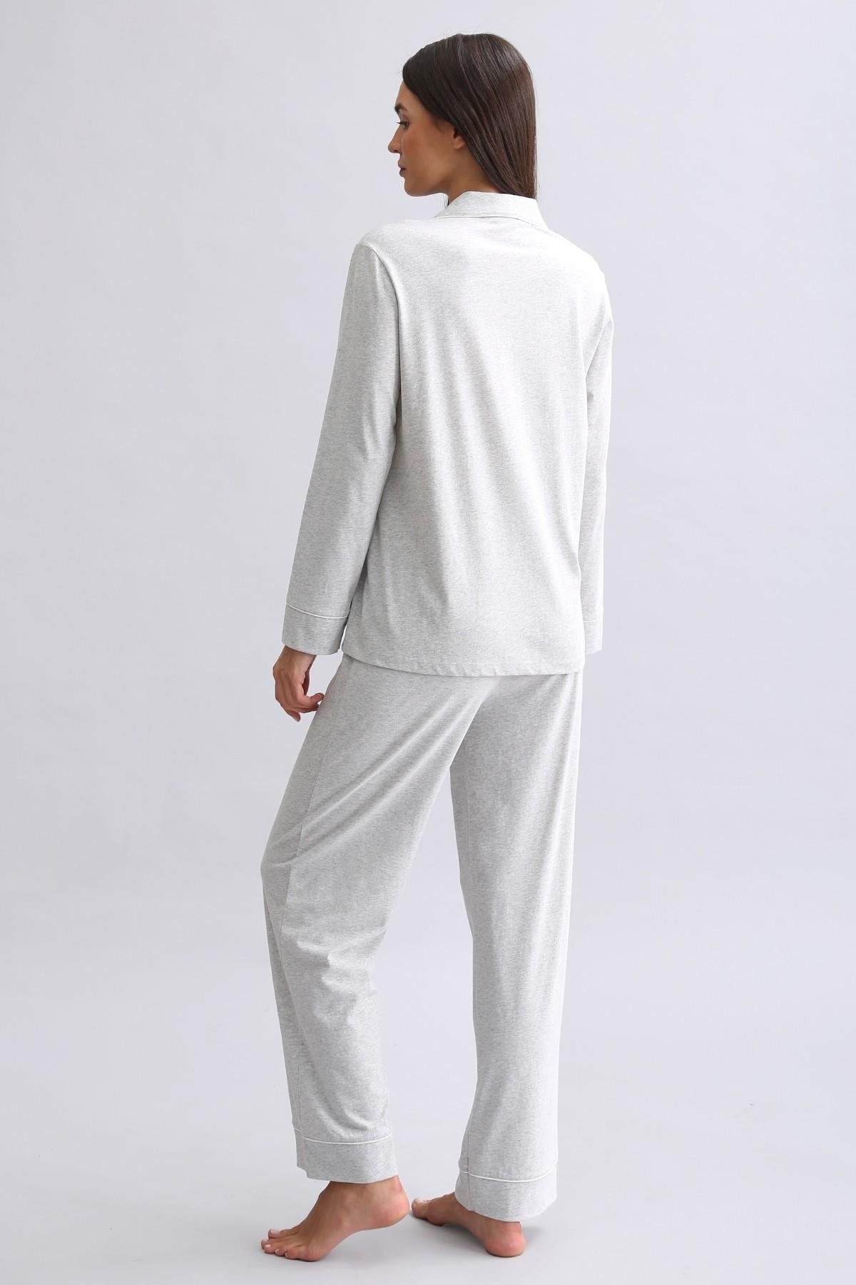 Mısırlı Kadın %100 Pamuk Pijama Takımı Gri Melanj