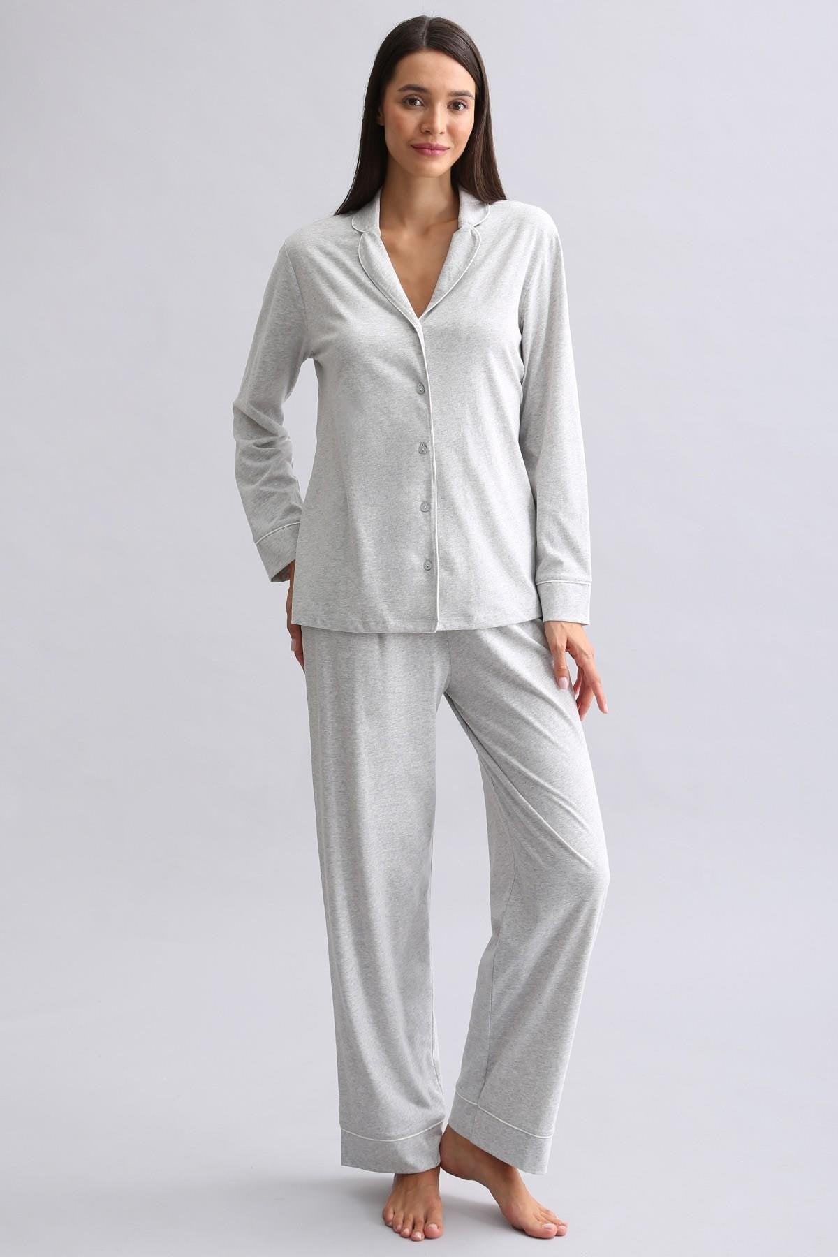 Mısırlı Kadın %100 Pamuk Pijama Takımı Gri Melanj