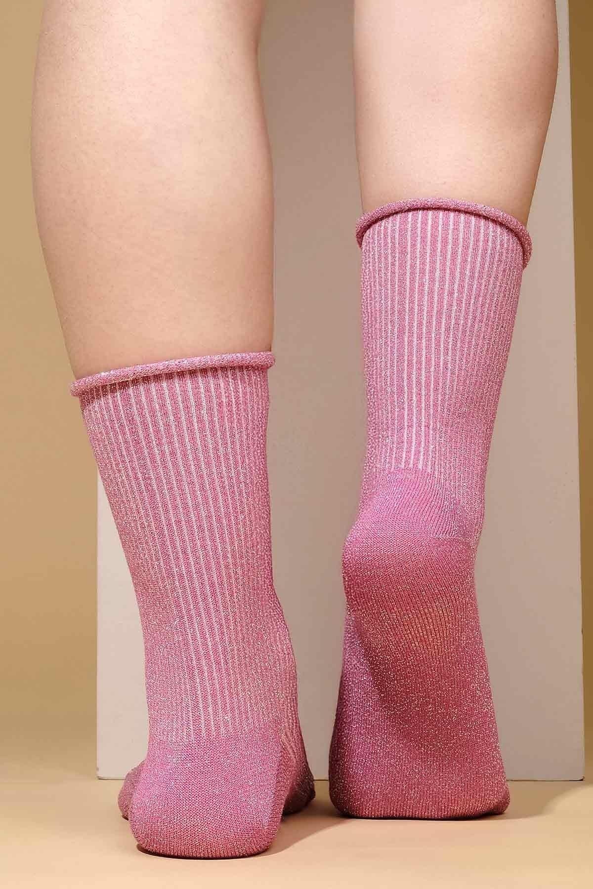 Mısırlı Kadın Bambu Simli Soket Çorap Koyu Pembe