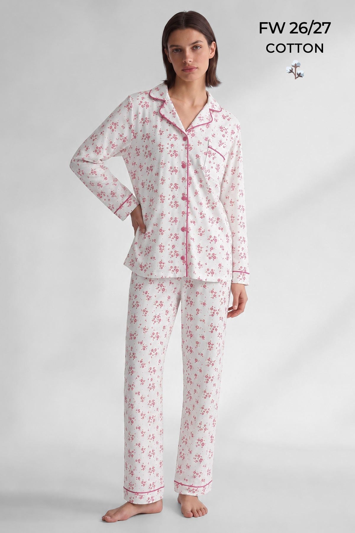 Mısırlı Kadın Düğmeli Çiçek Desenli Pijama Takım Açık Pembe