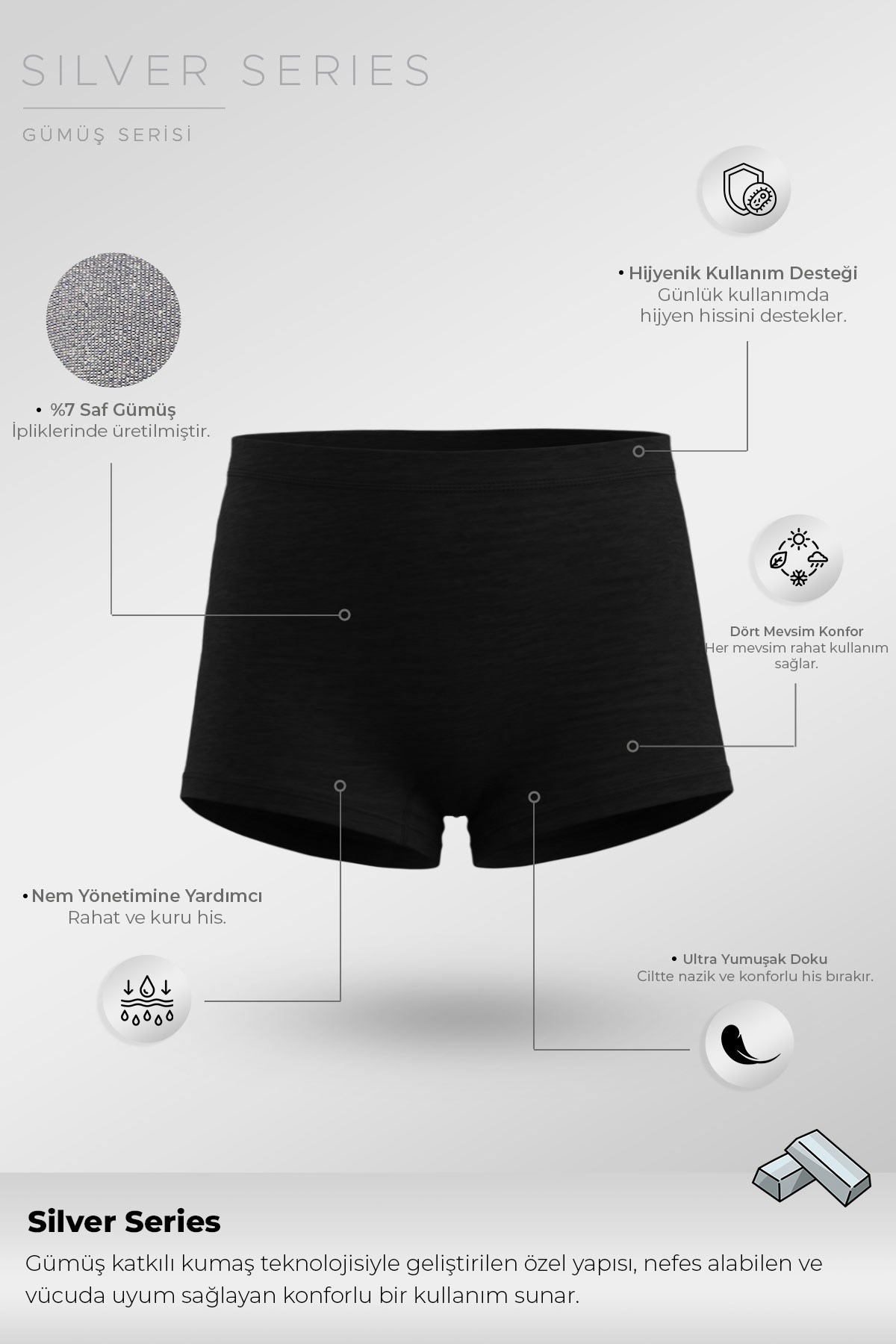 Mısırlı Kadın Gümüş Boxer Külot Siyah
