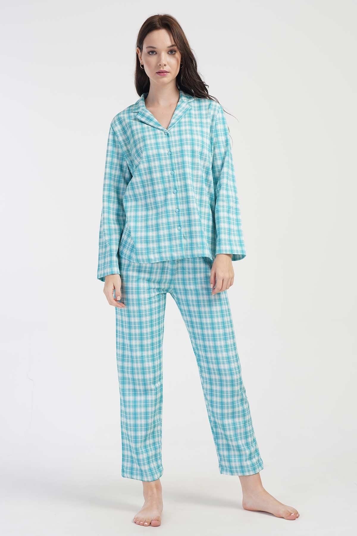 Mısırlı Kadın İki İplik Pamuklu Ekoseli Uzun Kollu Gömlek Pijama Takımı Mavi