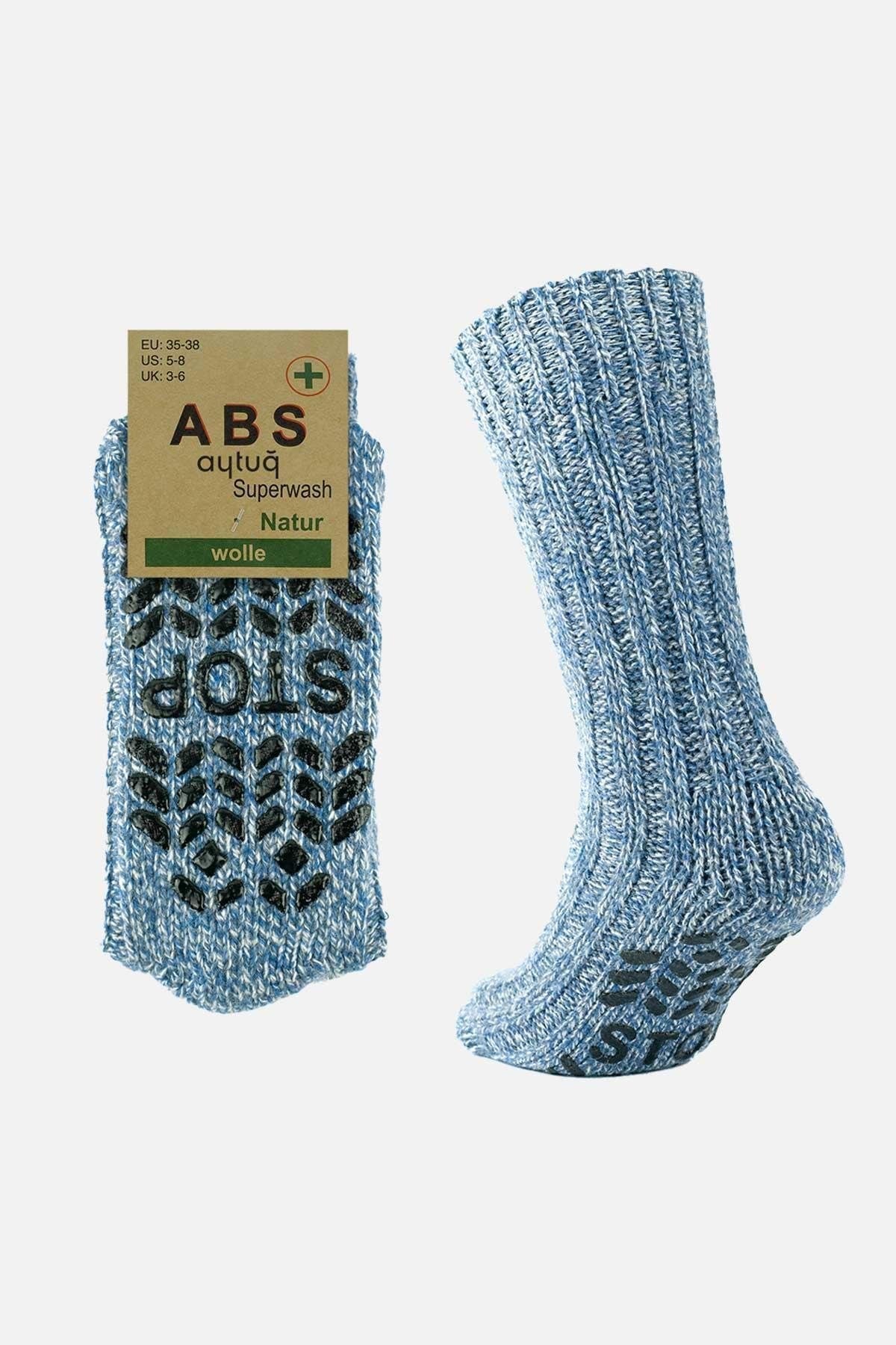 Mısırlı Kadın Merino Yünü Cold Blocker Kışlık Kaydırmaz Tabanlı Soket Çorap Mavi