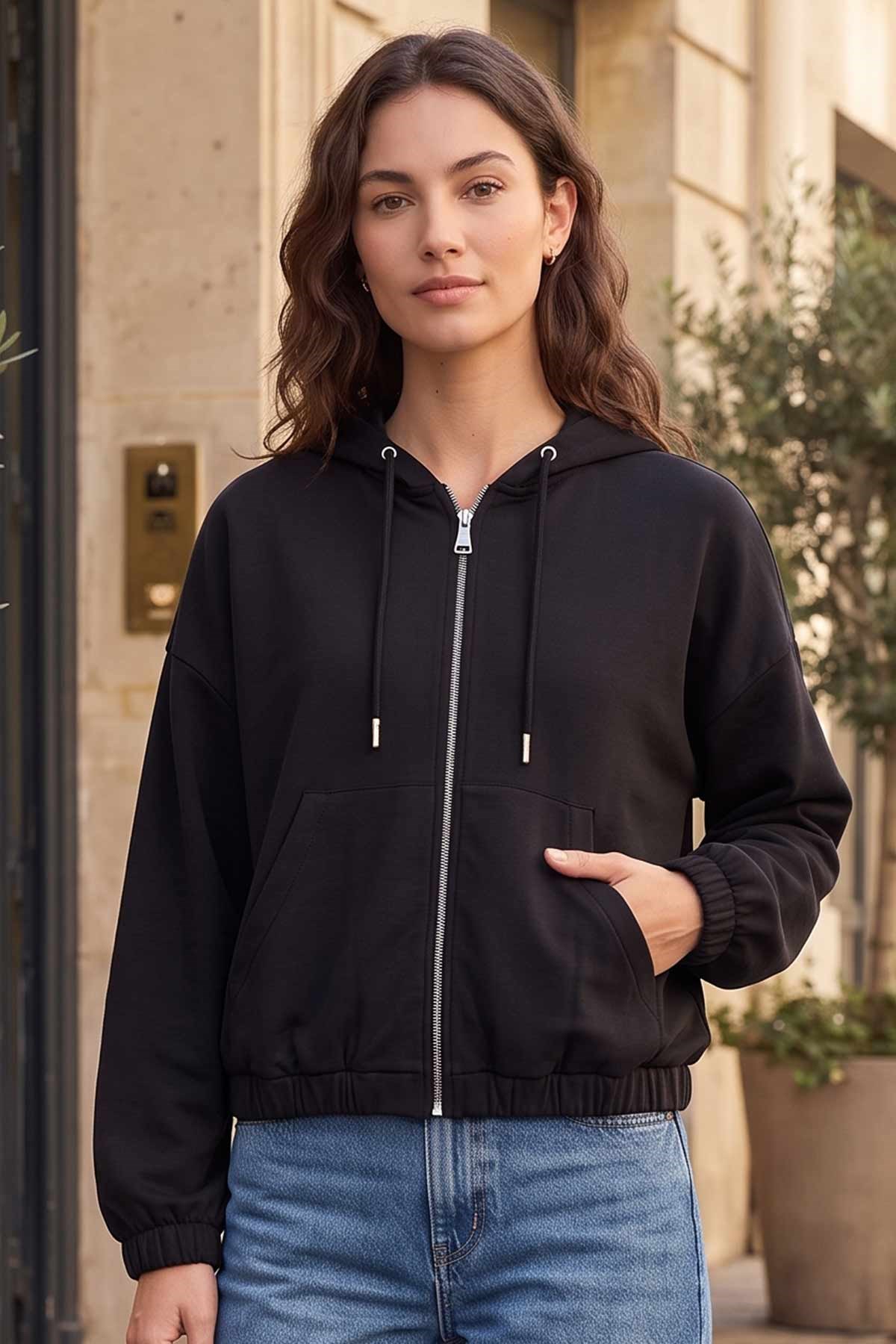 Mısırlı Kadın Modal Fermuarlı Crop Sweatshirt Atrasit
