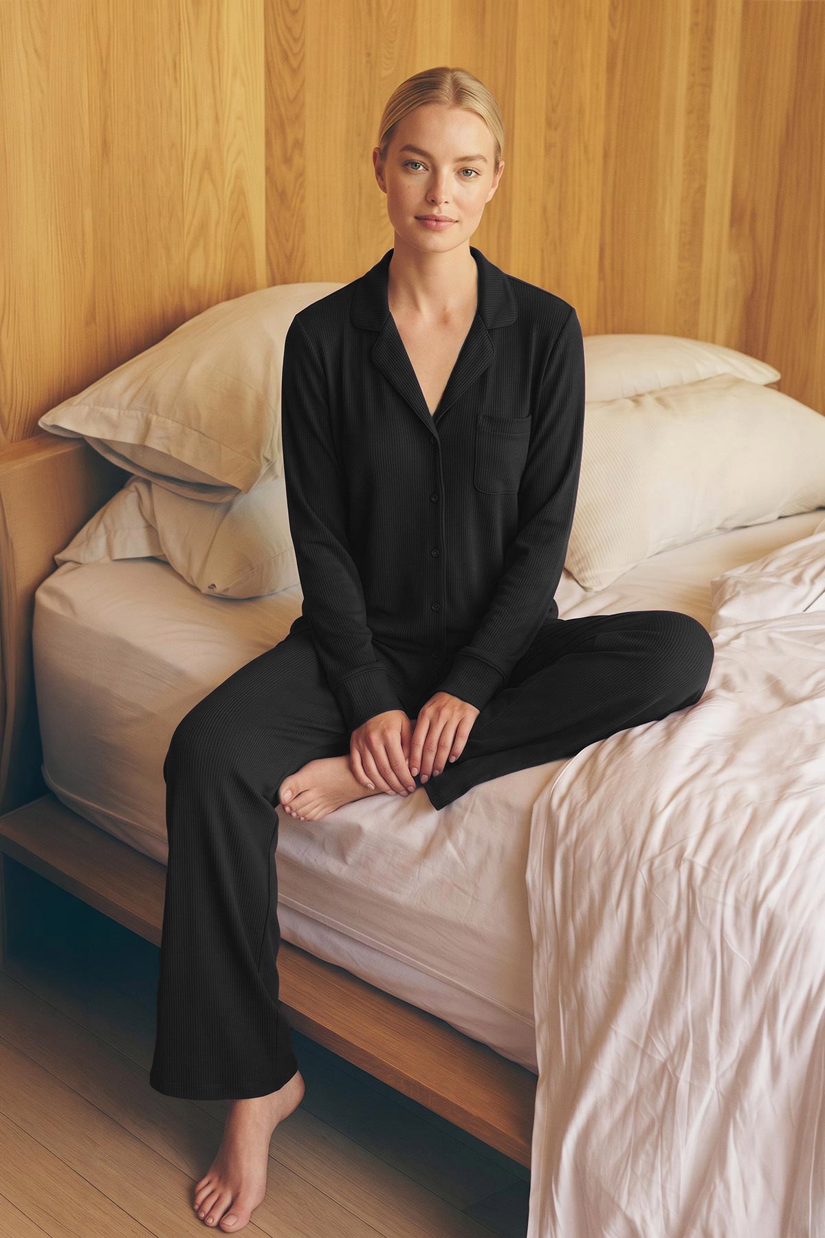 Mısırlı Kadın Modal Kaşkorse Gömlek Pijama Takım Siyah