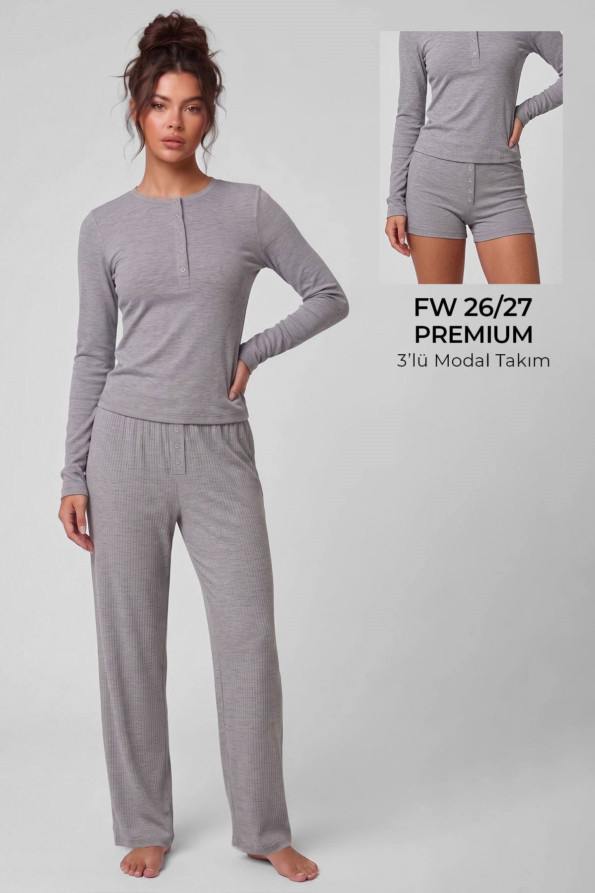 Mısırlı Kadın Modal Kaşkorse Üçlü Pijama Takım Gri Melanj