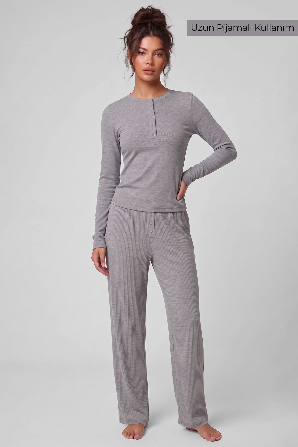 Mısırlı Kadın Modal Kaşkorse Üçlü Pijama Takım Gri Melanj