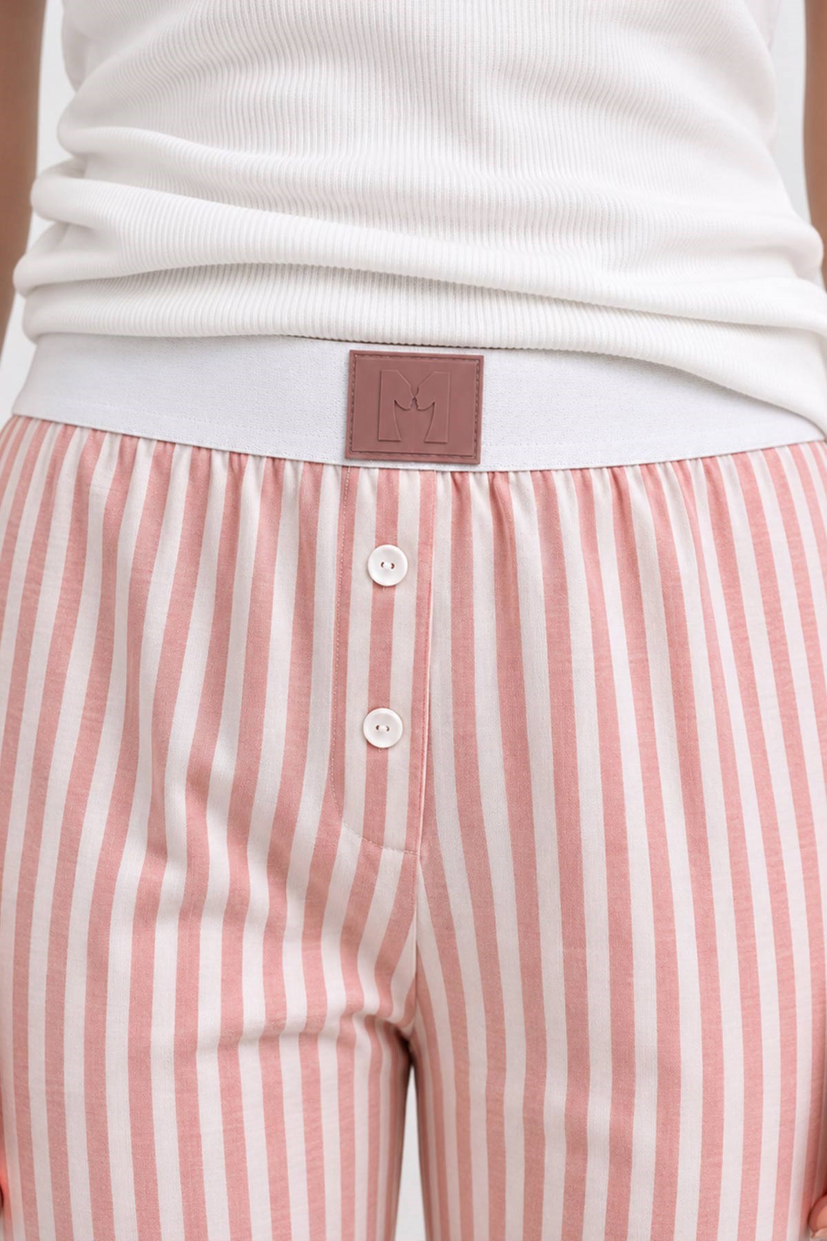 Mısırlı Kadın Modal Pamuk Karışımlı Askılı Pijama Takım Beyaz-Somon Çizgili