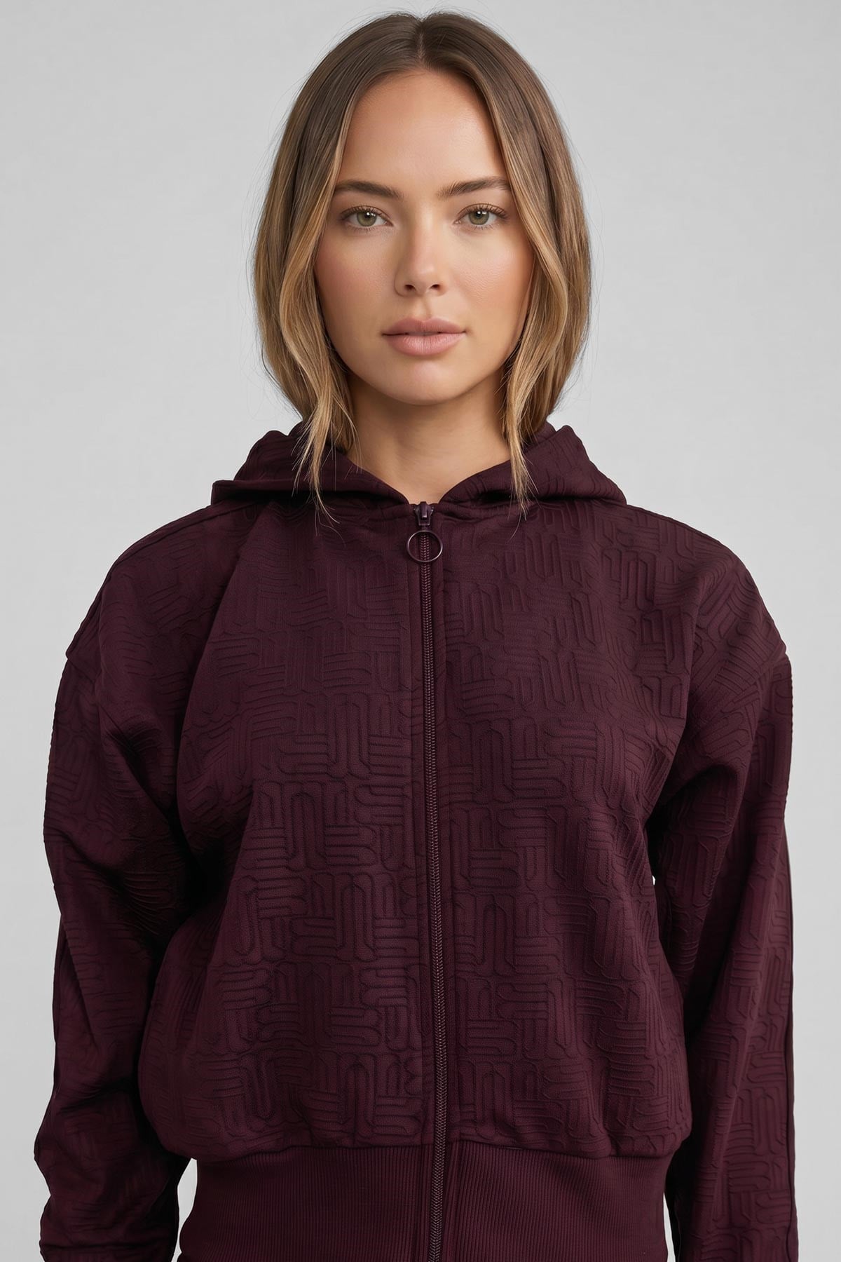 Mısırlı Kadın Monogram Desen Kapşonlu Sweatshirt Bordo
