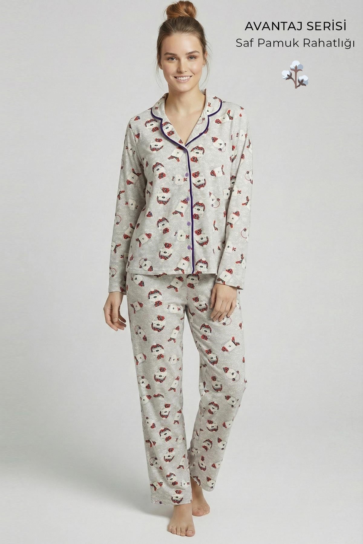 Mısırlı Kadın Pamuk Baskı Detaylı Pijama Takım Gri Melanj
