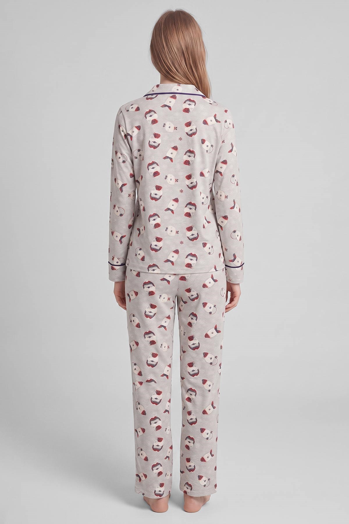 Mısırlı Kadın Pamuk Baskı Detaylı Pijama Takım Gri Melanj