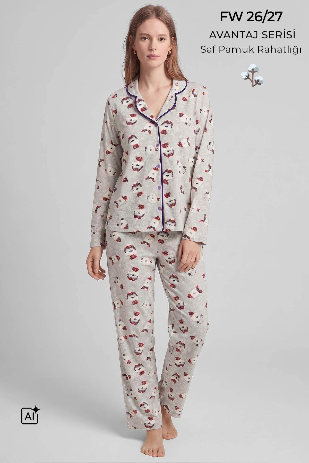 Mısırlı Kadın Pamuk Baskı Detaylı Pijama Takım Gri Melanj