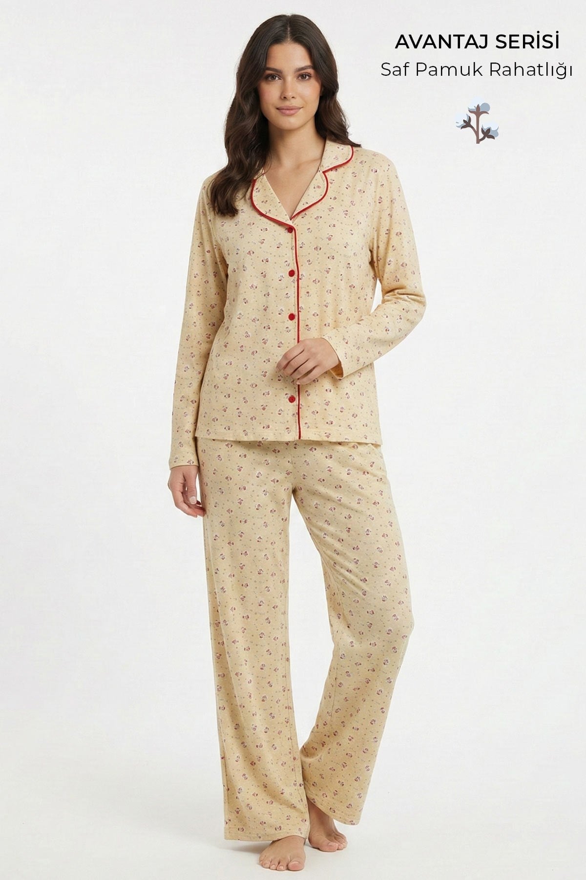 Mısırlı Kadın Pamuk Biye Detaylı Pijama Takım Ekru