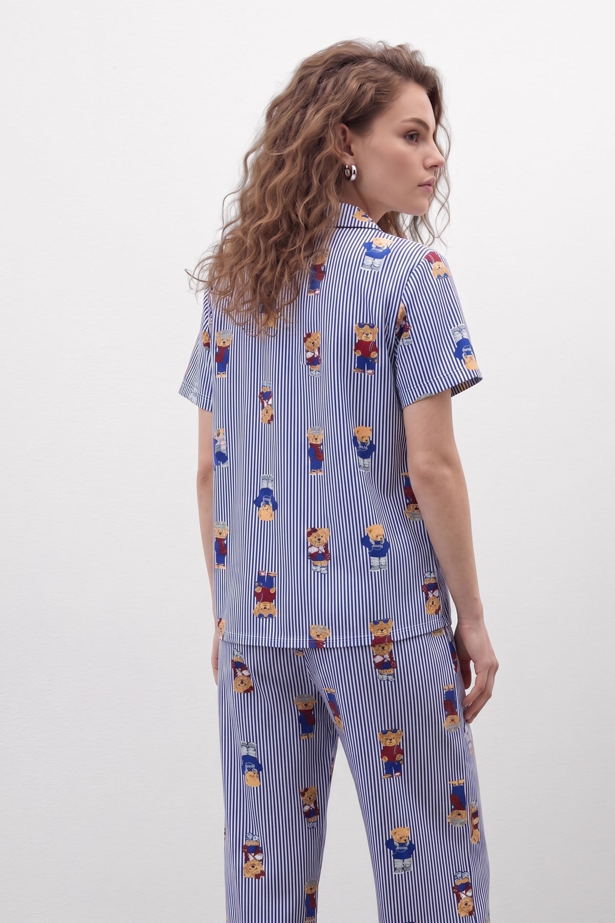 Mısırlı Kadın Pamuk Kısa Kollu Gömlek Pijama Takım Lacivert