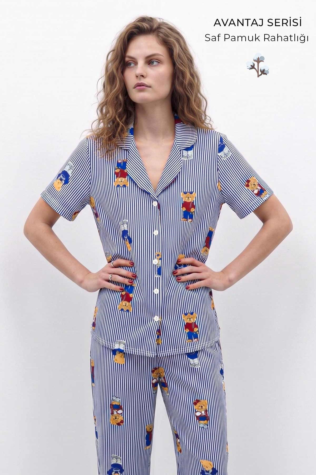 Mısırlı Kadın Pamuk Kısa Kollu Gömlek Pijama Takım Lacivert