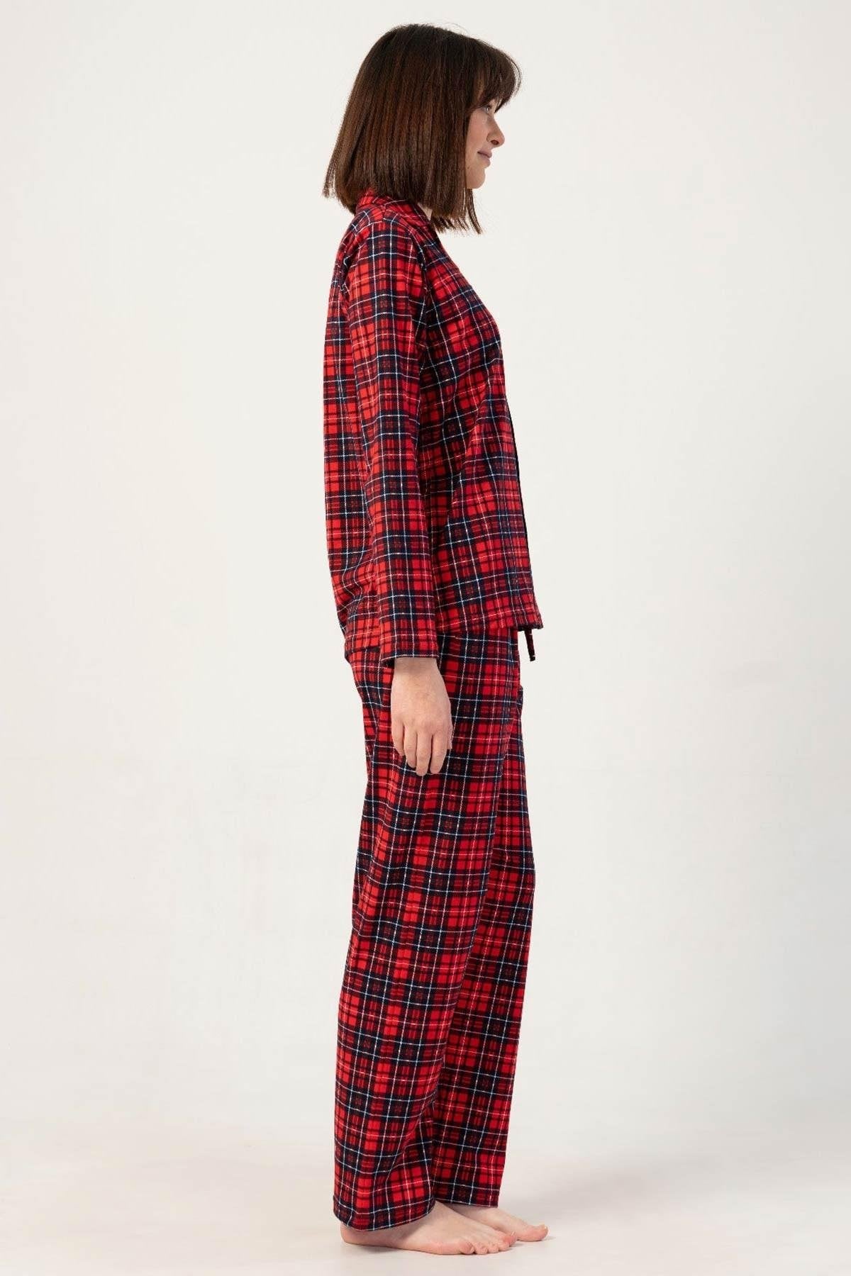 Mısırlı Kadın Pamuklu Ekoseli Uzun Kollu Gömlek Pijama Takımı Kırmızı