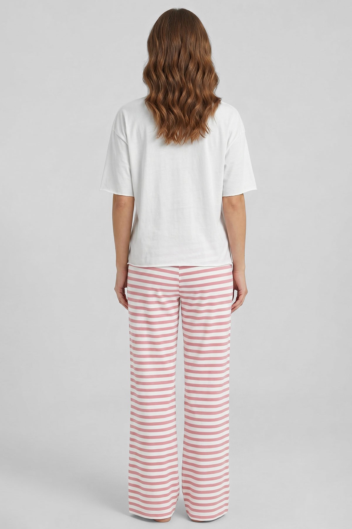 Mısırlı Kadın Pamuklu Pijama Takım Beyaz-Somon