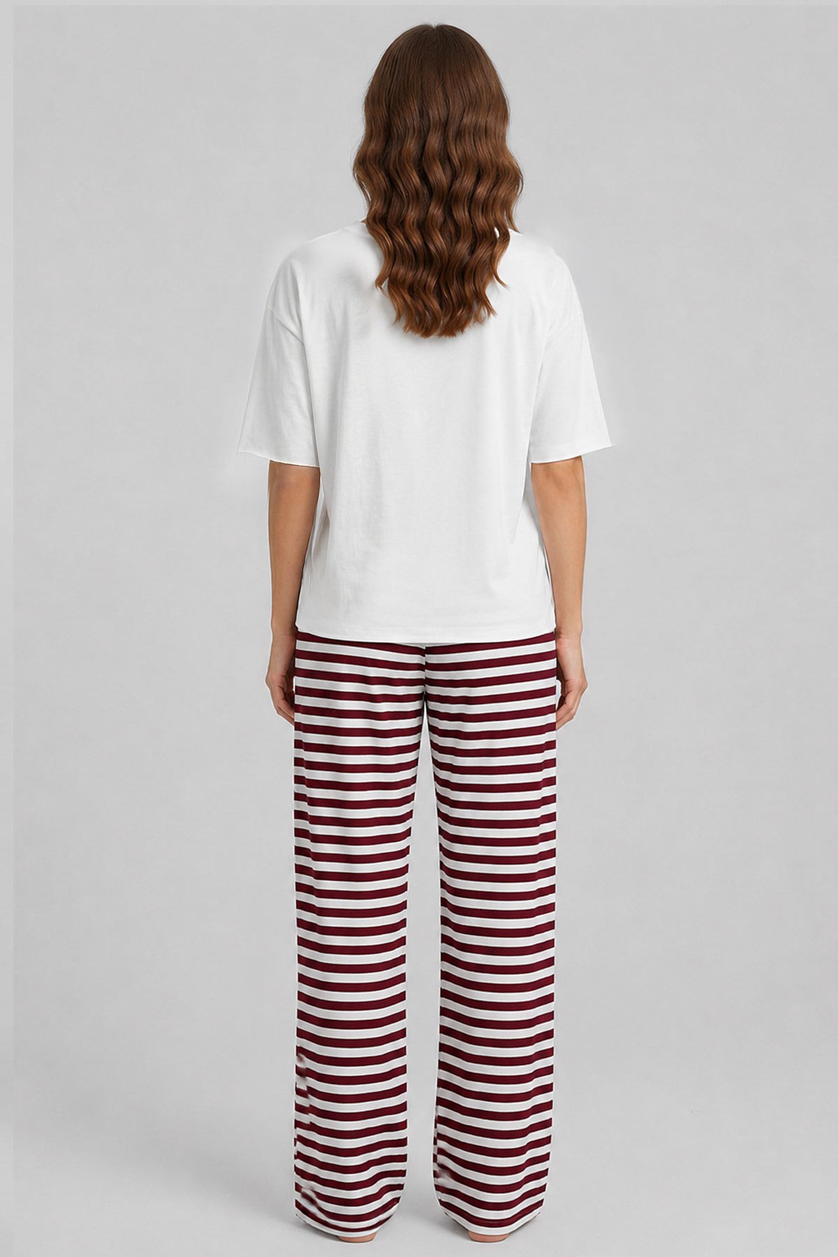 Mısırlı Kadın Pamuklu Pijama Takım Beyaz-Bordo