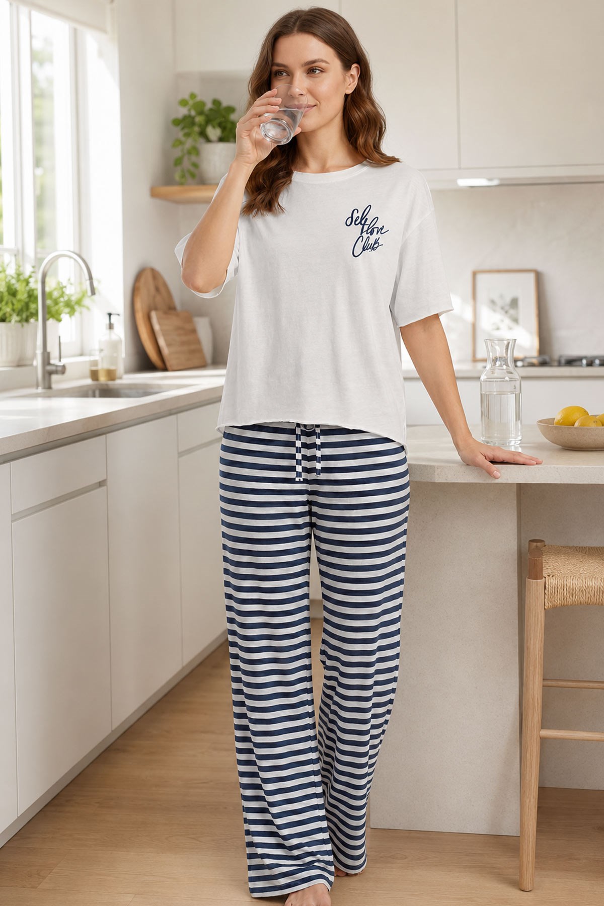 Mısırlı Kadın Pamuklu Pijama Takım Beyaz-Lacivert