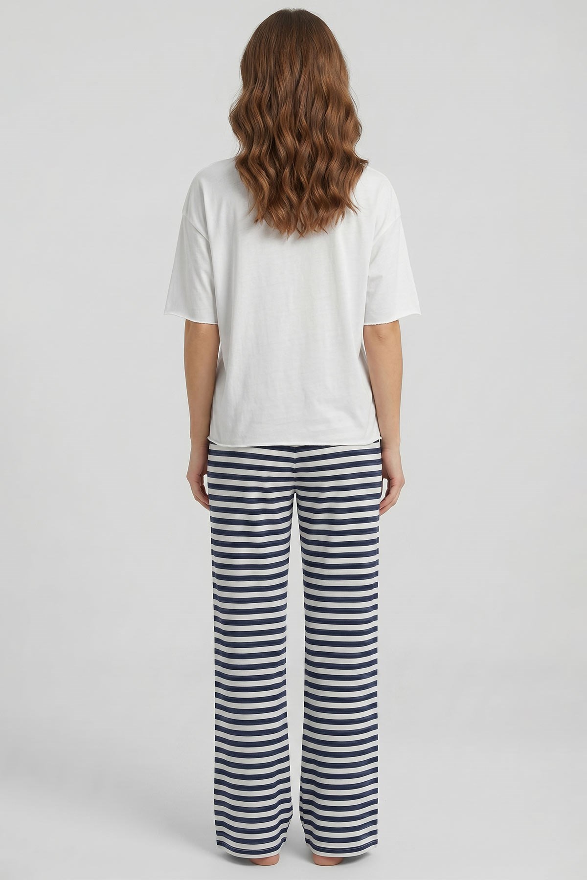 Mısırlı Kadın Pamuklu Pijama Takım Beyaz-Lacivert