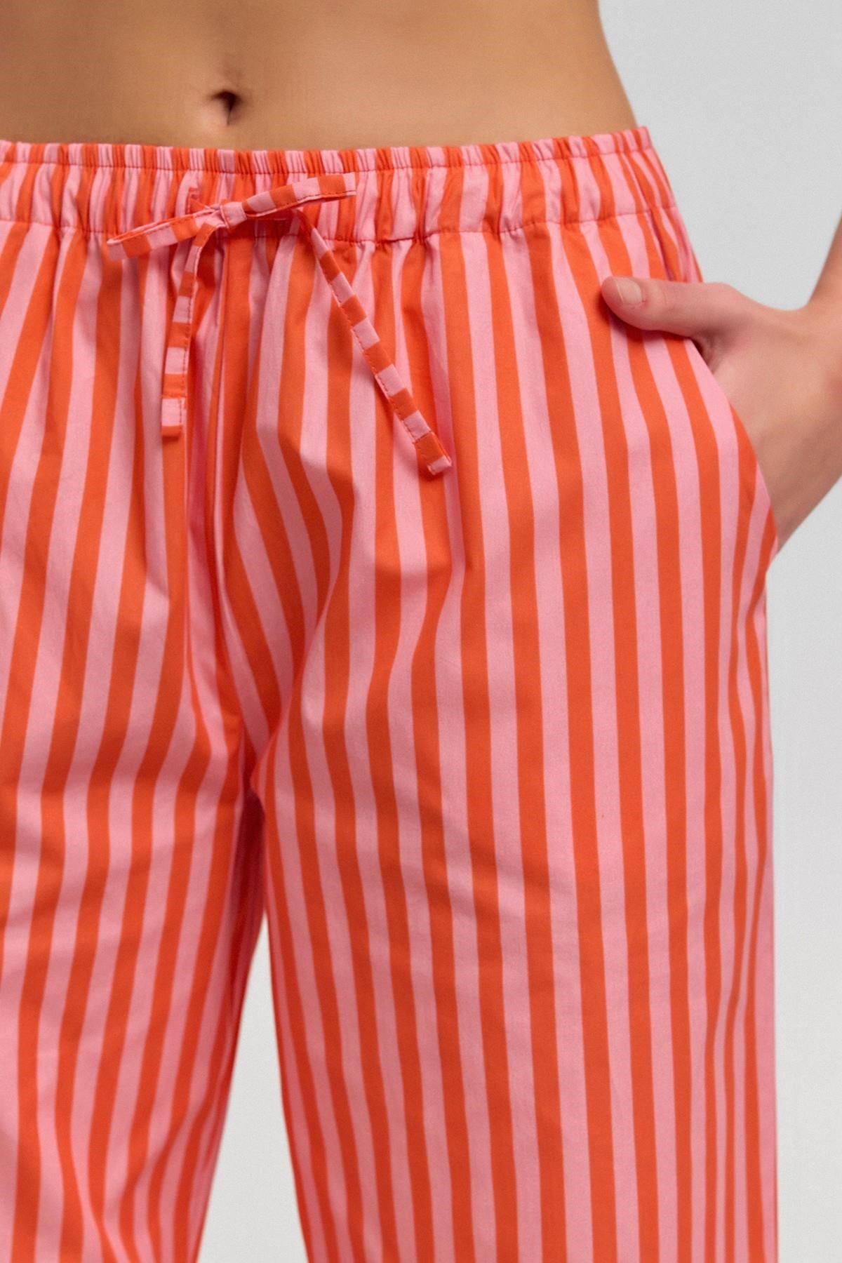 Mısırlı Kadın Pamuklu Poplin Çizgili Pijama Altı / Pantolon Turuncu/Pembe
