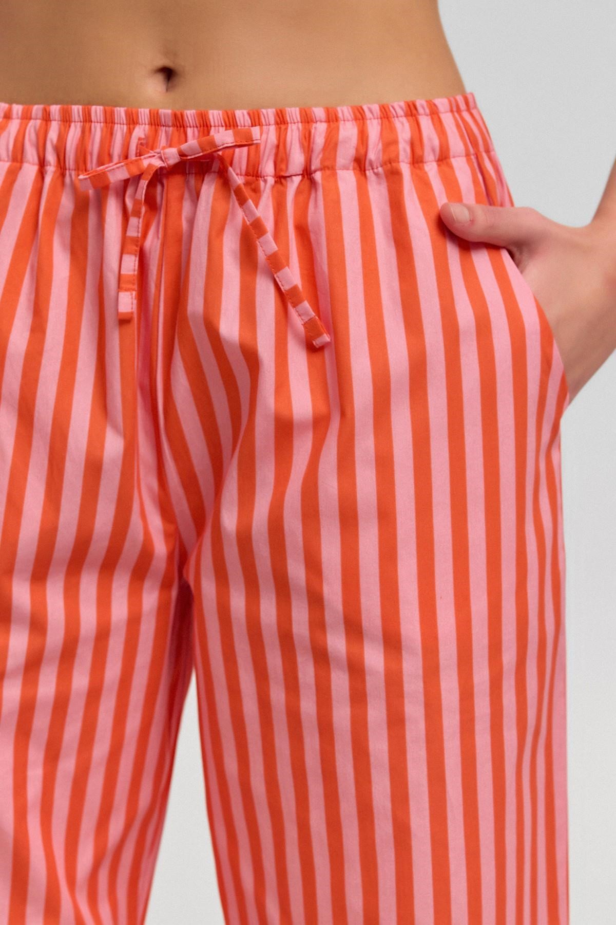Mısırlı Kadın Pamuklu Poplin Çizgili Pijama Altı / Pantolon Turuncu/Pembe