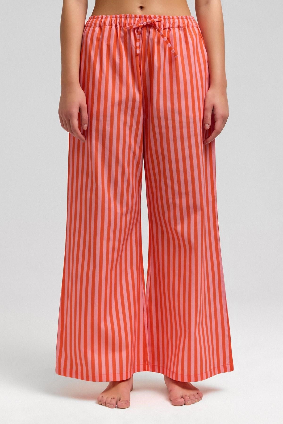 Mısırlı Kadın Pamuklu Poplin Çizgili Pijama Altı / Pantolon Turuncu/Pembe