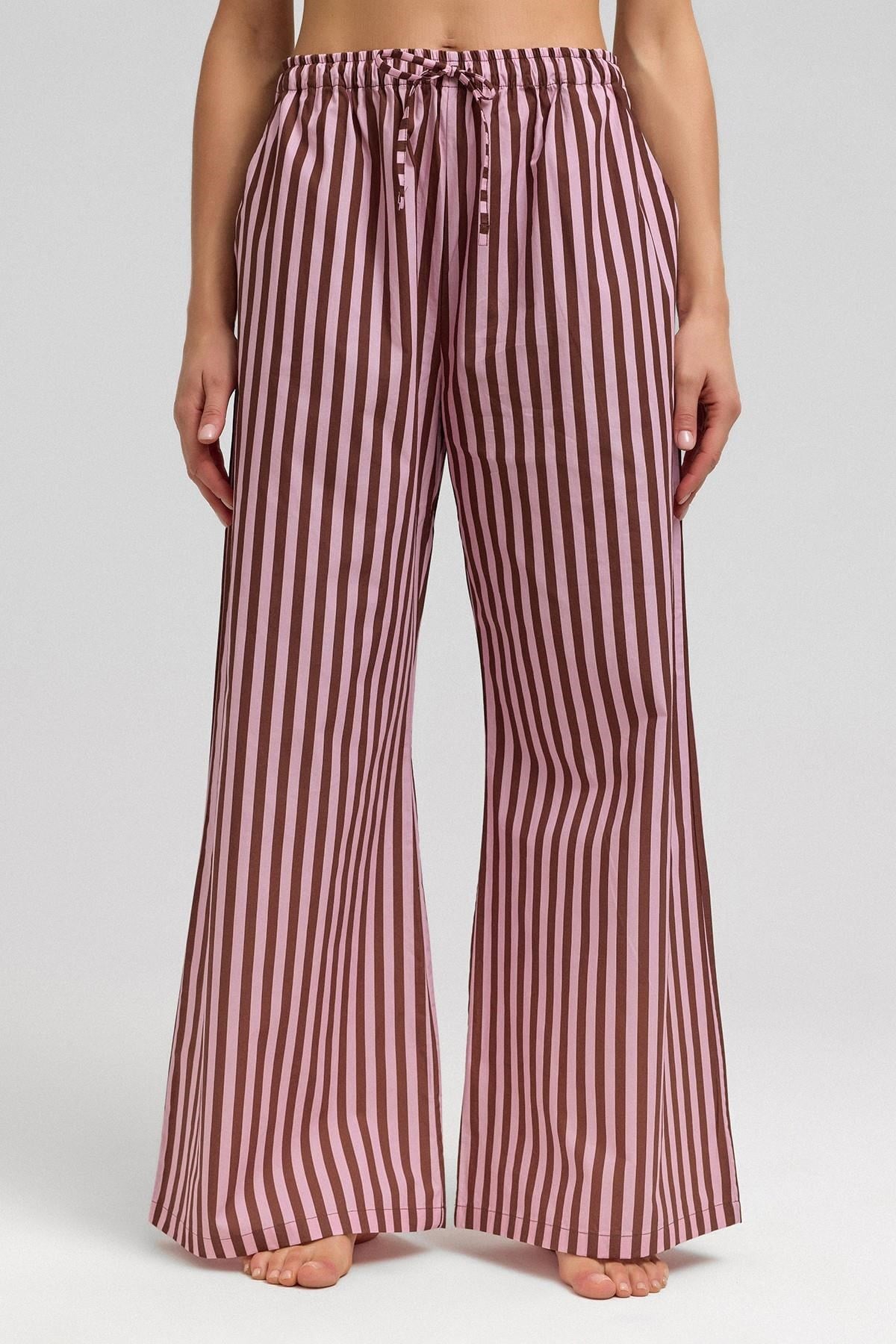 Mısırlı Kadın Pamuklu Poplin Çizgili Pijama Altı / Pantolon Kahverengi/Pembe