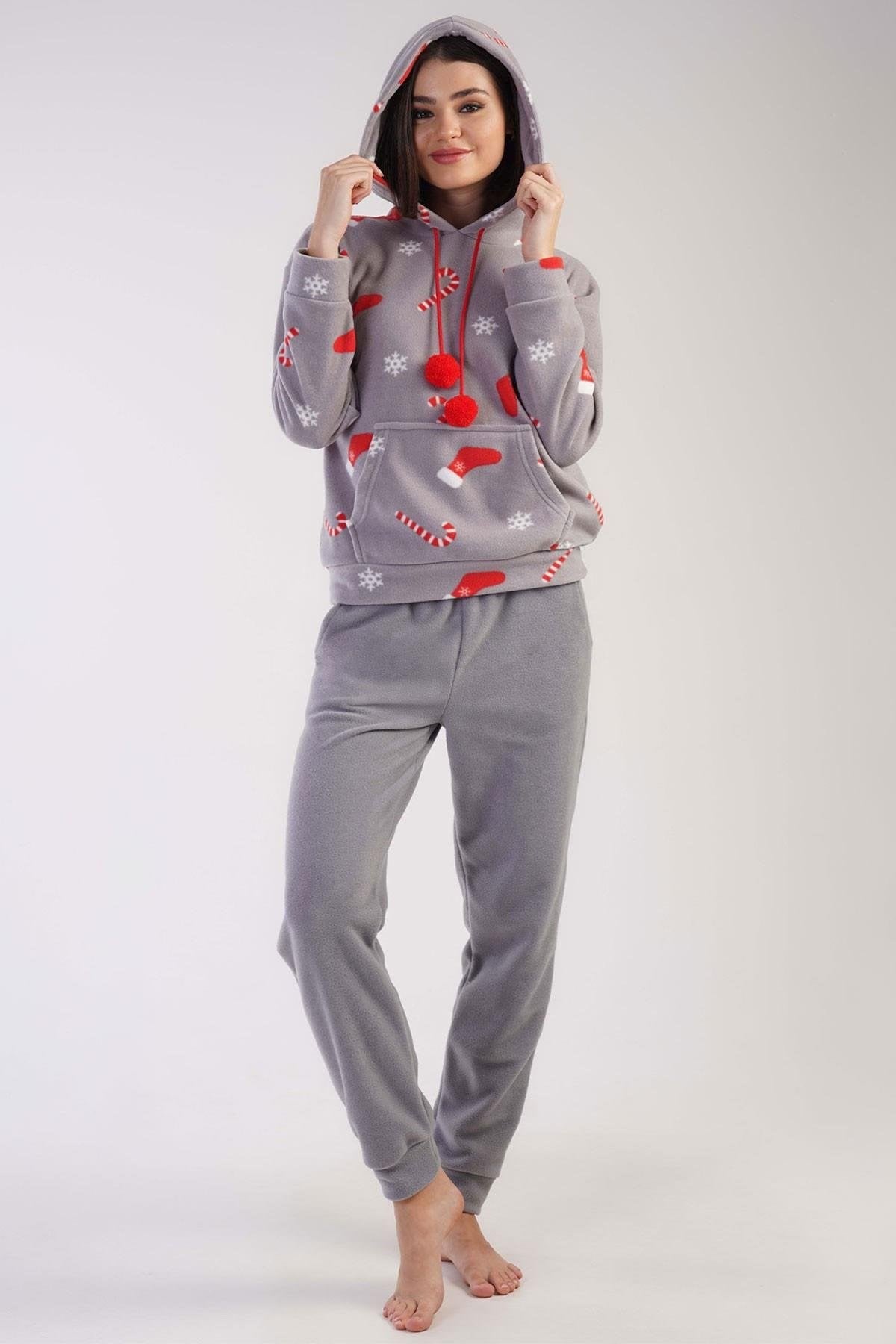 Mısırlı Kadın Polar Yılbaşı Temalı Kapüşonlu Pijama Takımı Gri