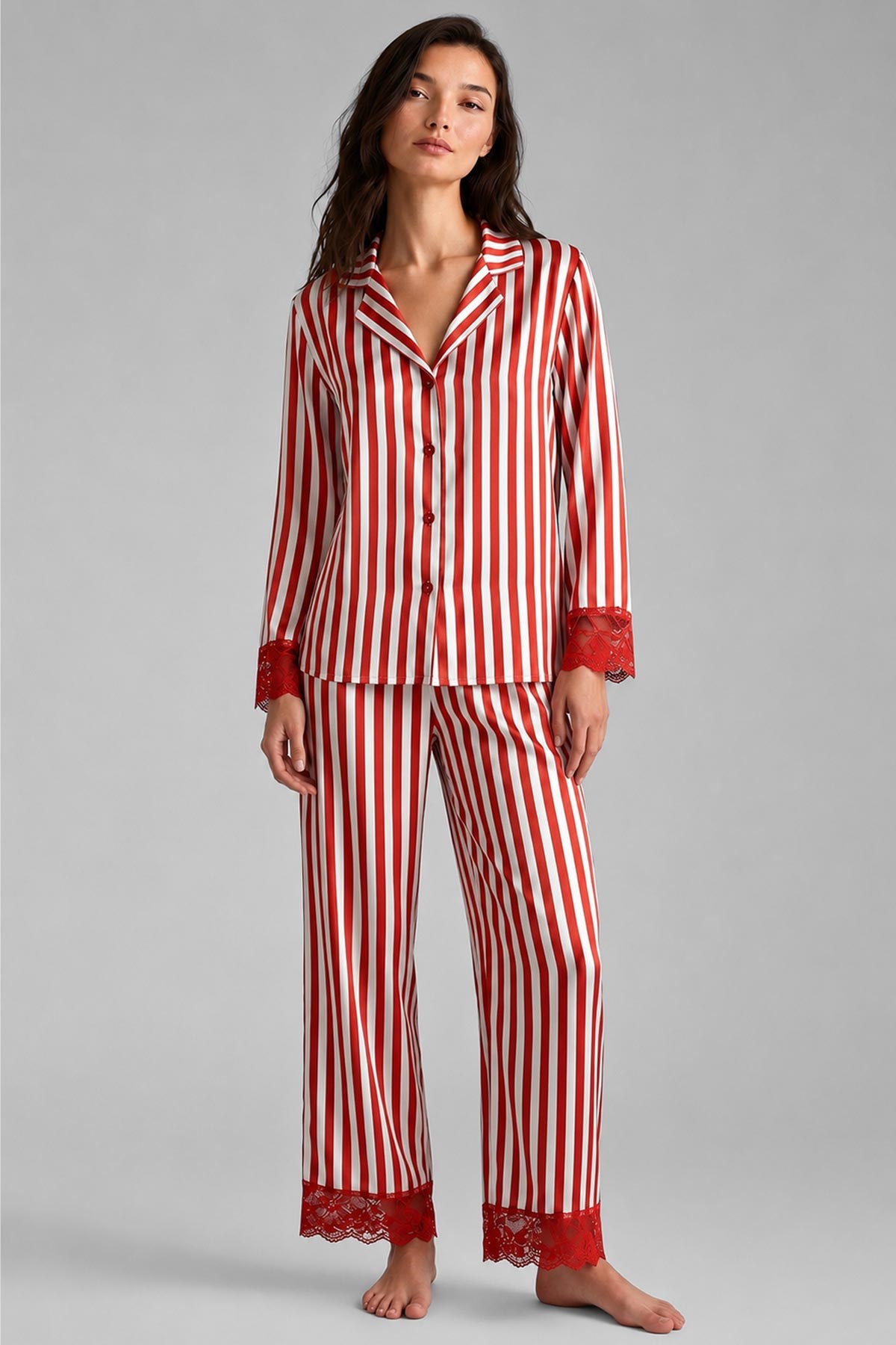 Mısırlı Kadın Saten Çizgili Pijama Takım Kırmızı
