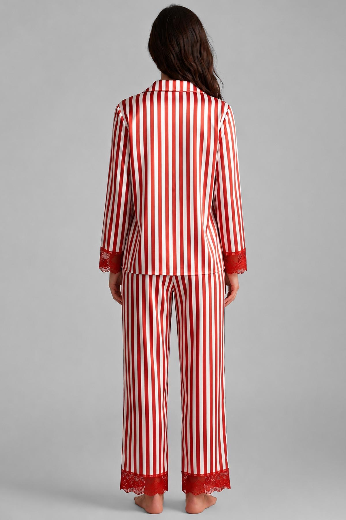 Mısırlı Kadın Saten Çizgili Pijama Takım Kırmızı