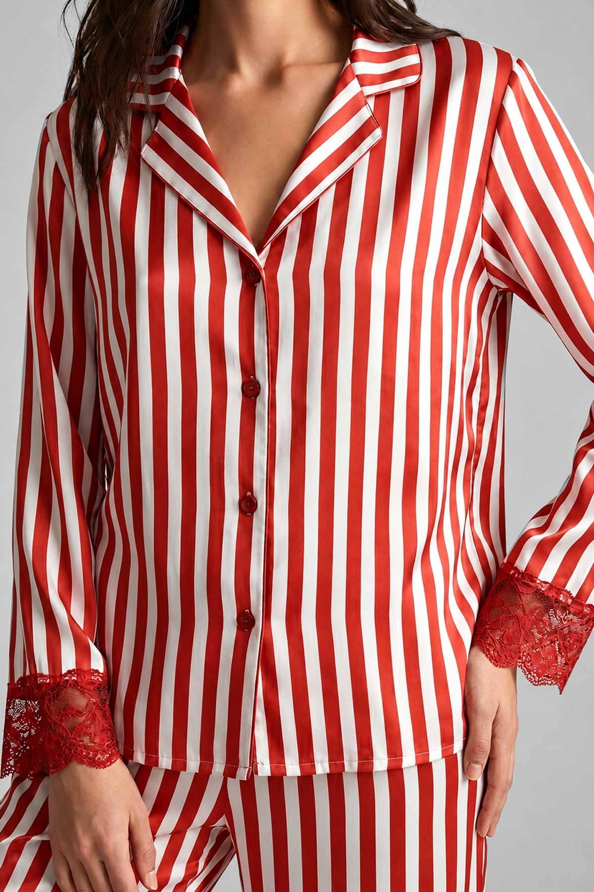 Mısırlı Kadın Saten Çizgili Pijama Takım Kırmızı