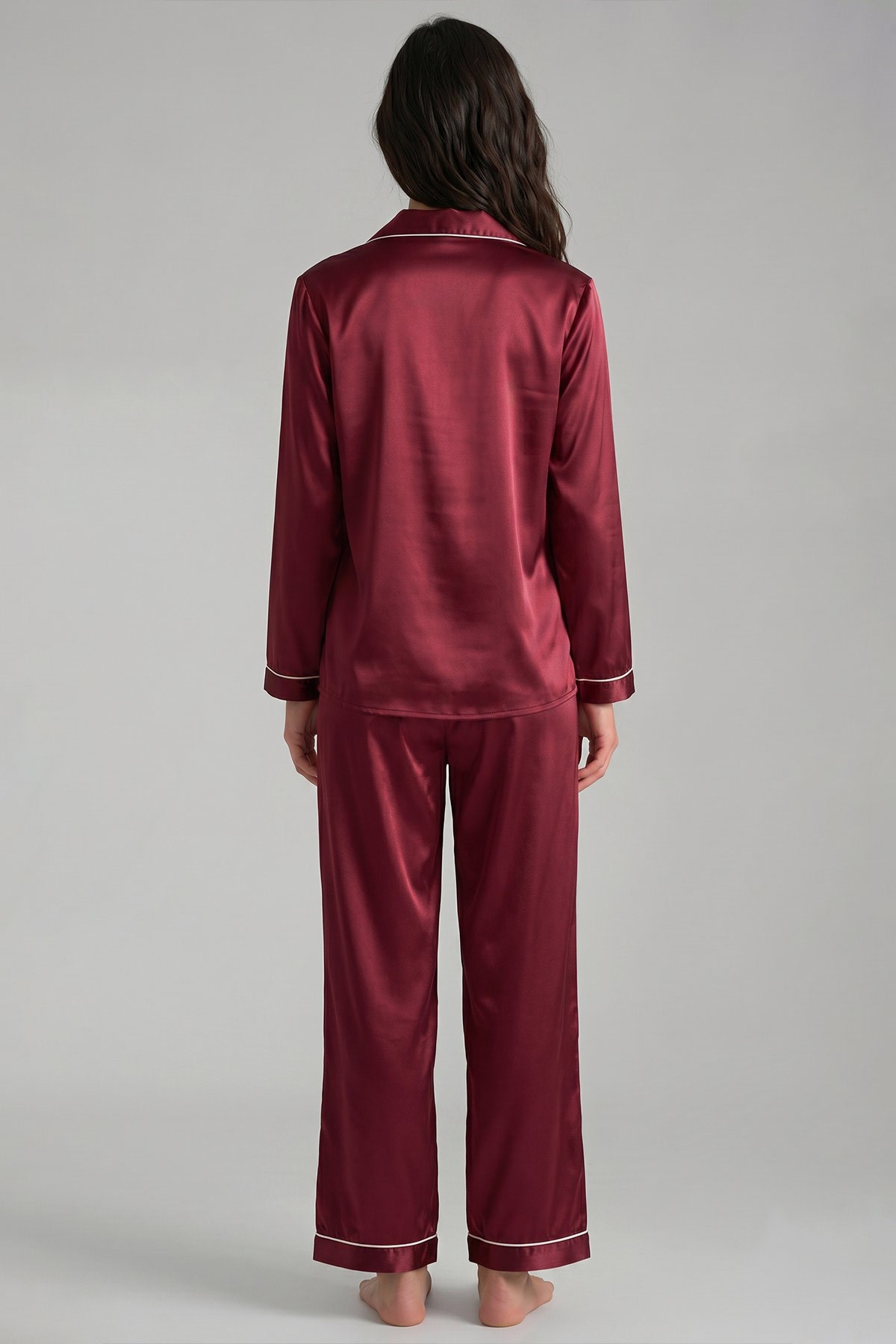 Mısırlı Kadın Saten Düğmeli Pijama Takım Bordo