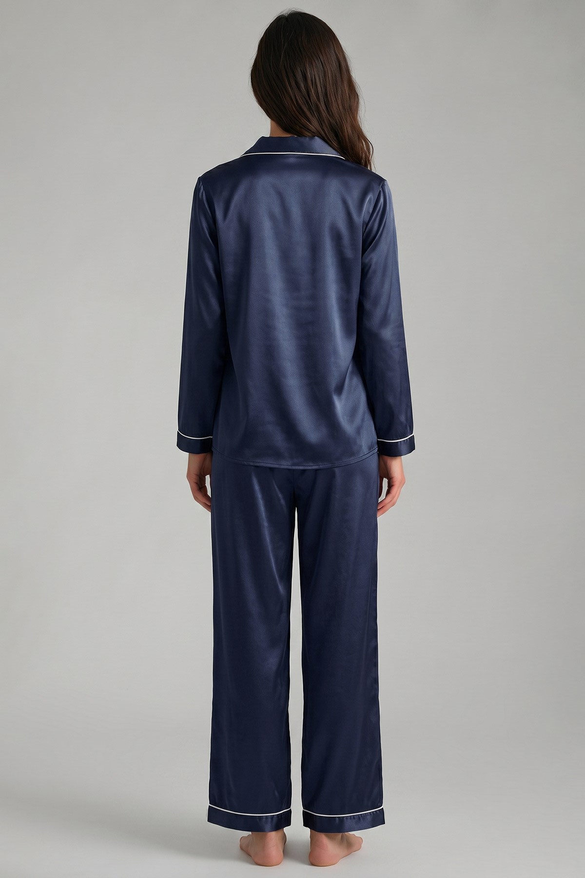 Mısırlı Kadın Saten Düğmeli Pijama Takım Lacivert