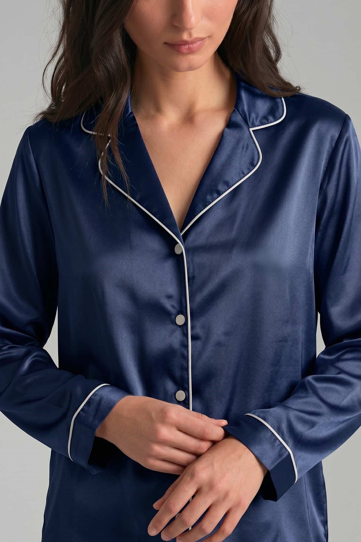 Mısırlı Kadın Saten Düğmeli Pijama Takım Lacivert