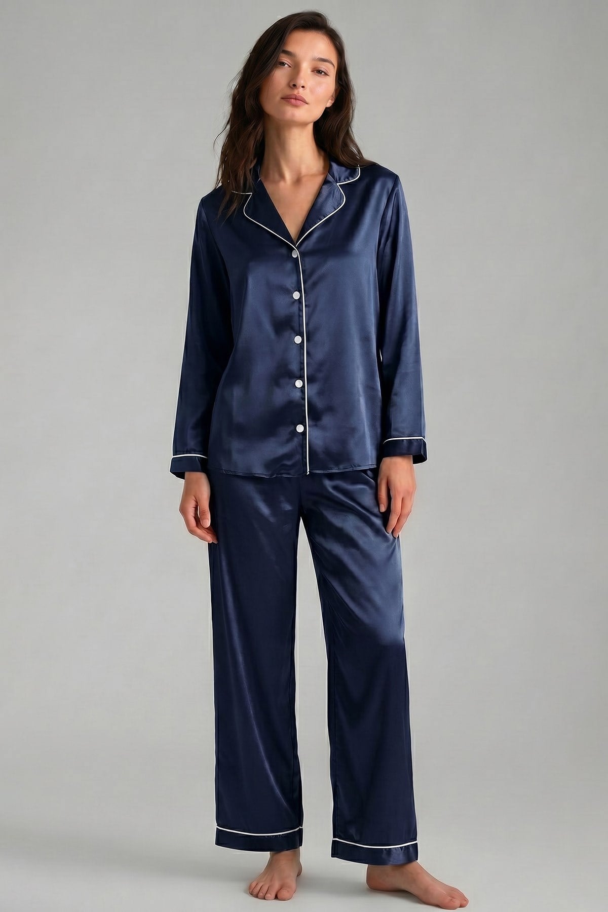 Mısırlı Kadın Saten Düğmeli Pijama Takım Lacivert