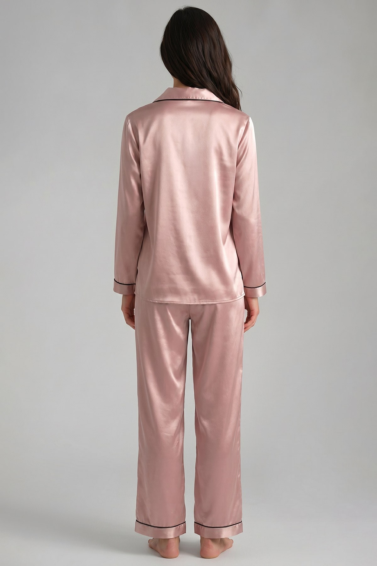 Mısırlı Kadın Saten Düğmeli Pijama Takım Gül Kurusu