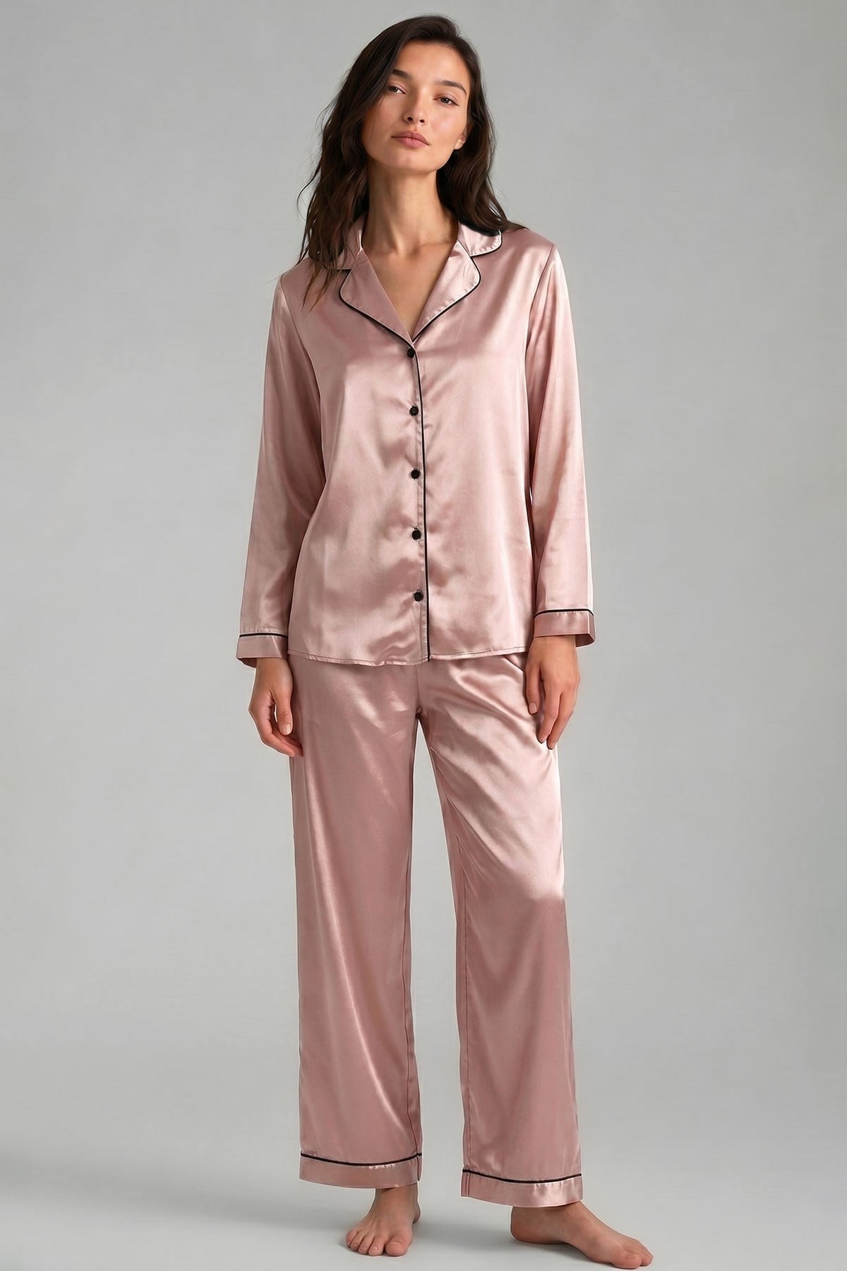 Mısırlı Kadın Saten Düğmeli Pijama Takım Gül Kurusu