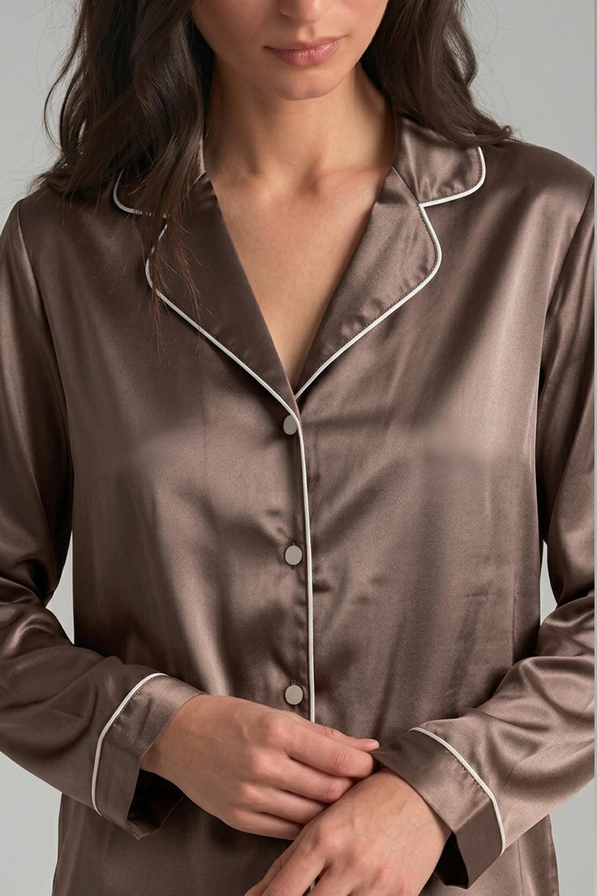 Mısırlı Kadın Saten Düğmeli Pijama Takım Haki