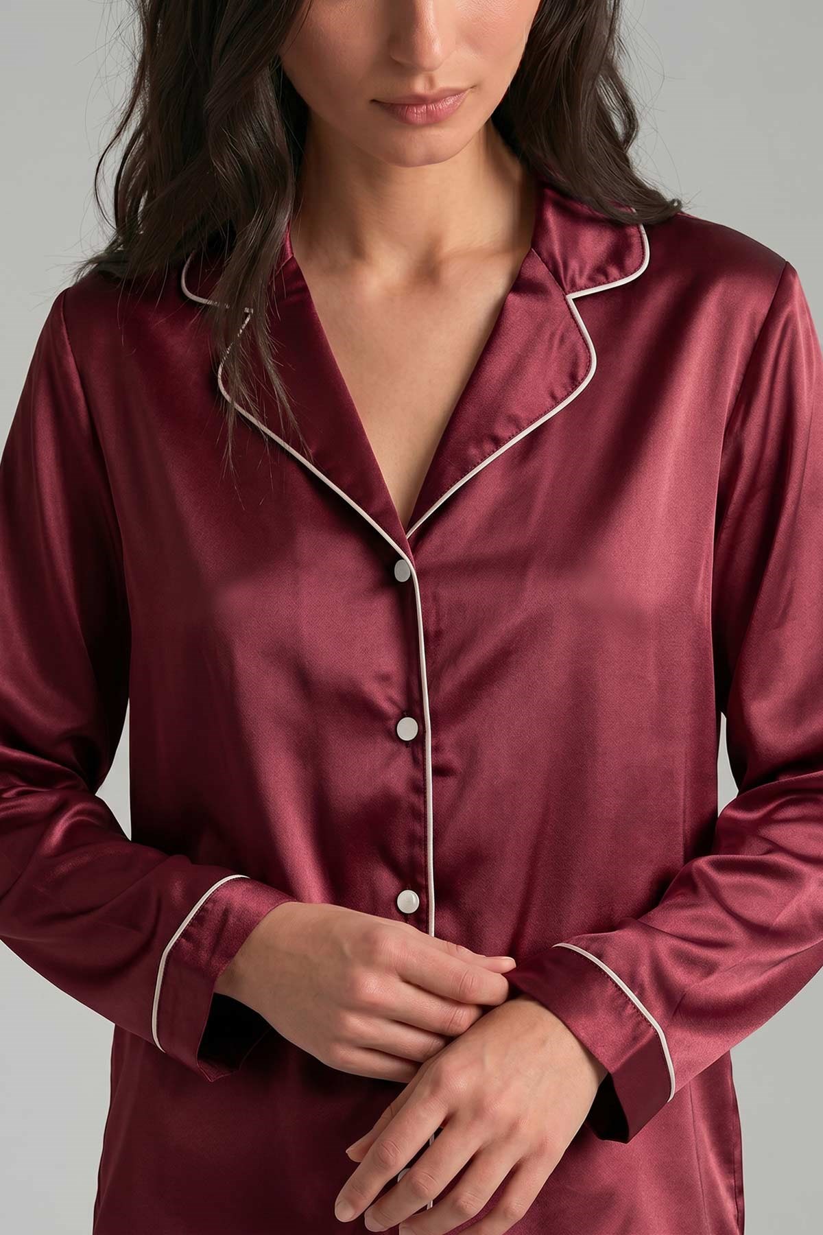 Mısırlı Kadın Saten Düğmeli Pijama Takım Bordo