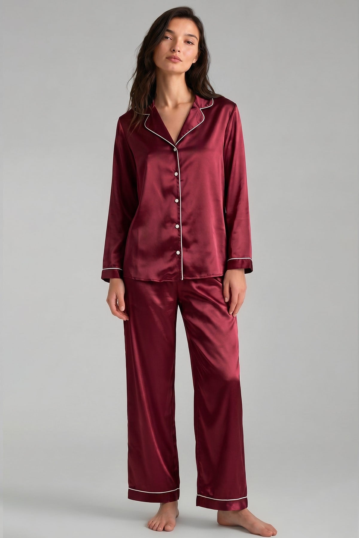 Mısırlı Kadın Saten Düğmeli Pijama Takım Bordo