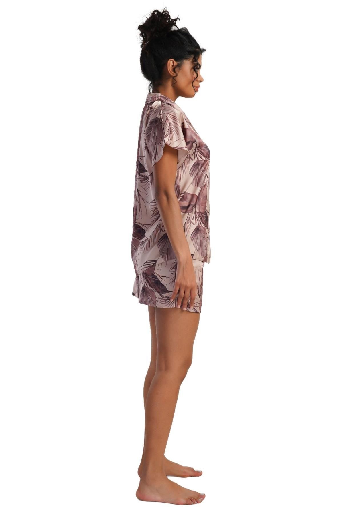 Mısırlı Kadın SATEN Kısa Kollu Şort Pijama Takımı Krem
