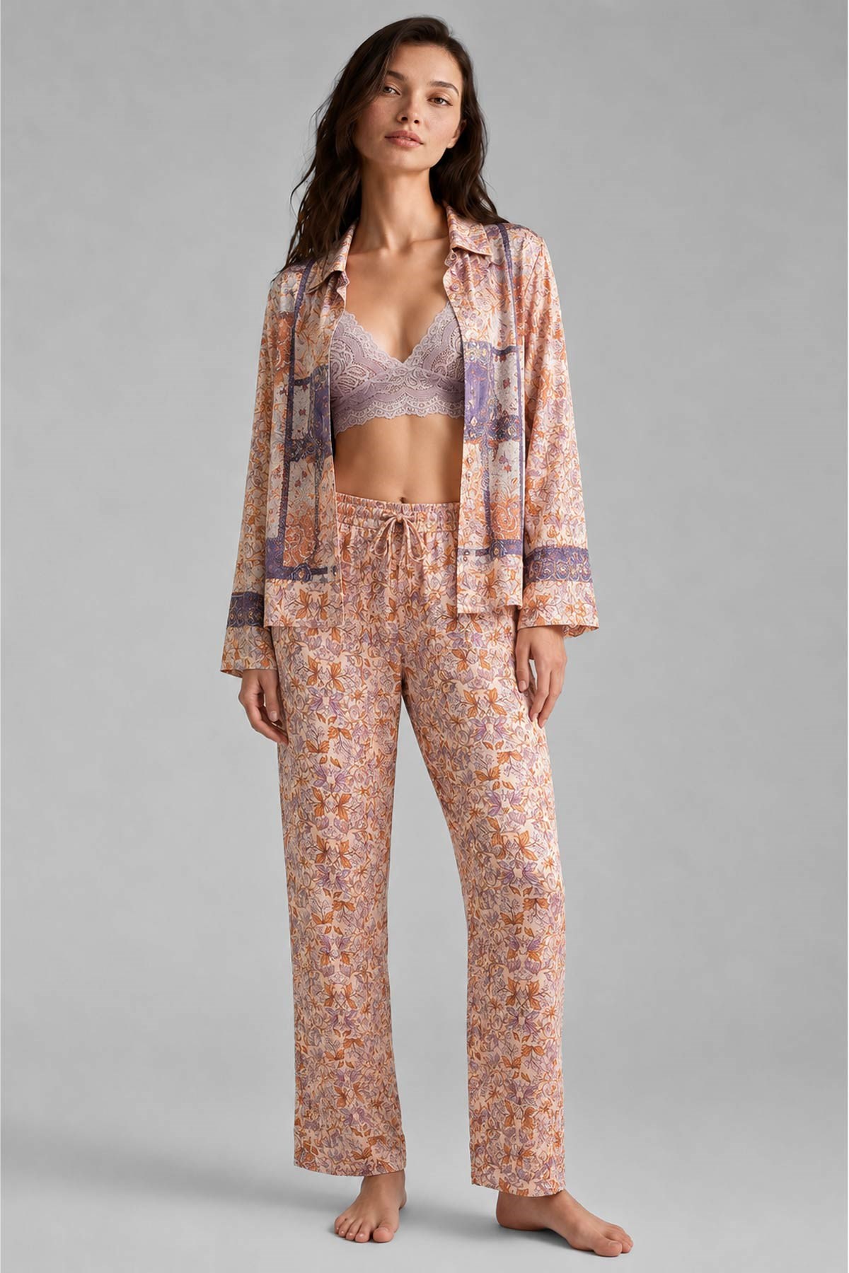 Mısırlı Kadın Saten Üçlü Pijama Takım Çok Renkli