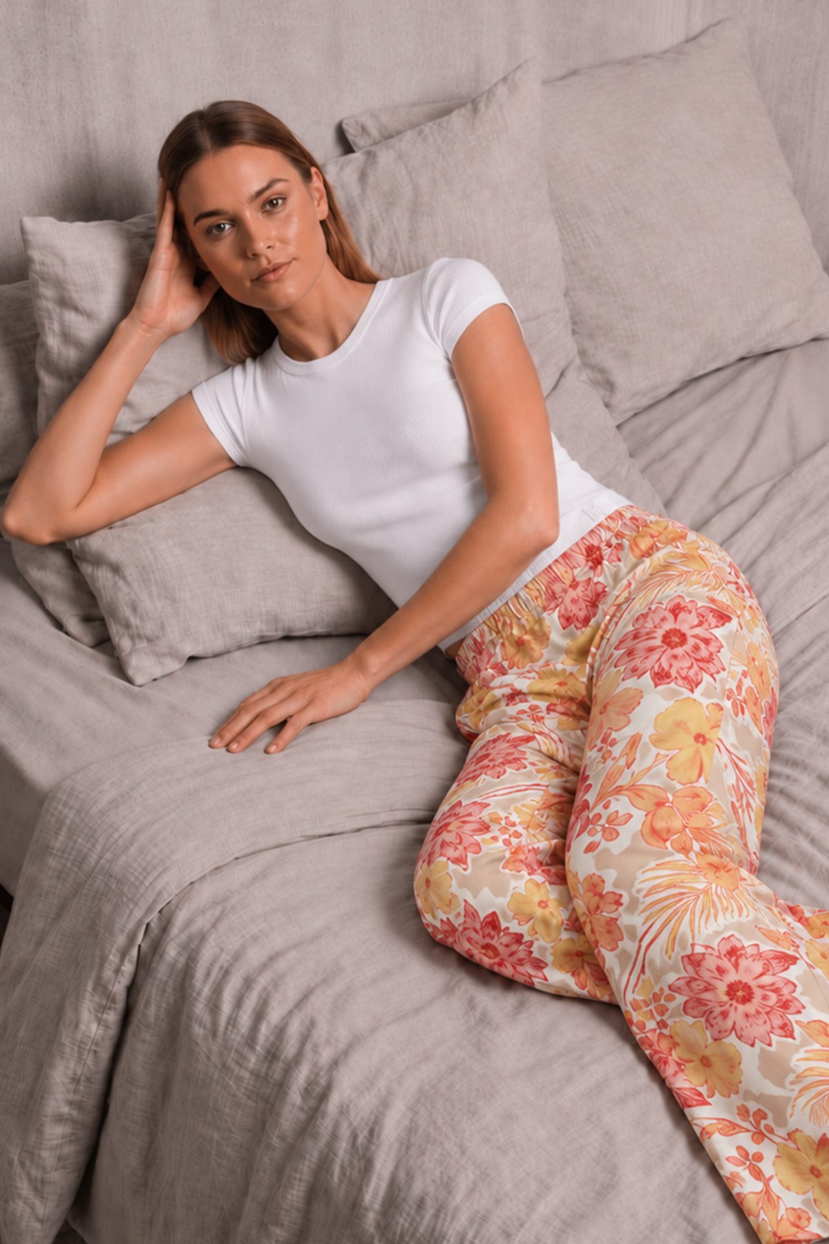 Kadın Viskon Çiçekli Alt Pijama Oranj