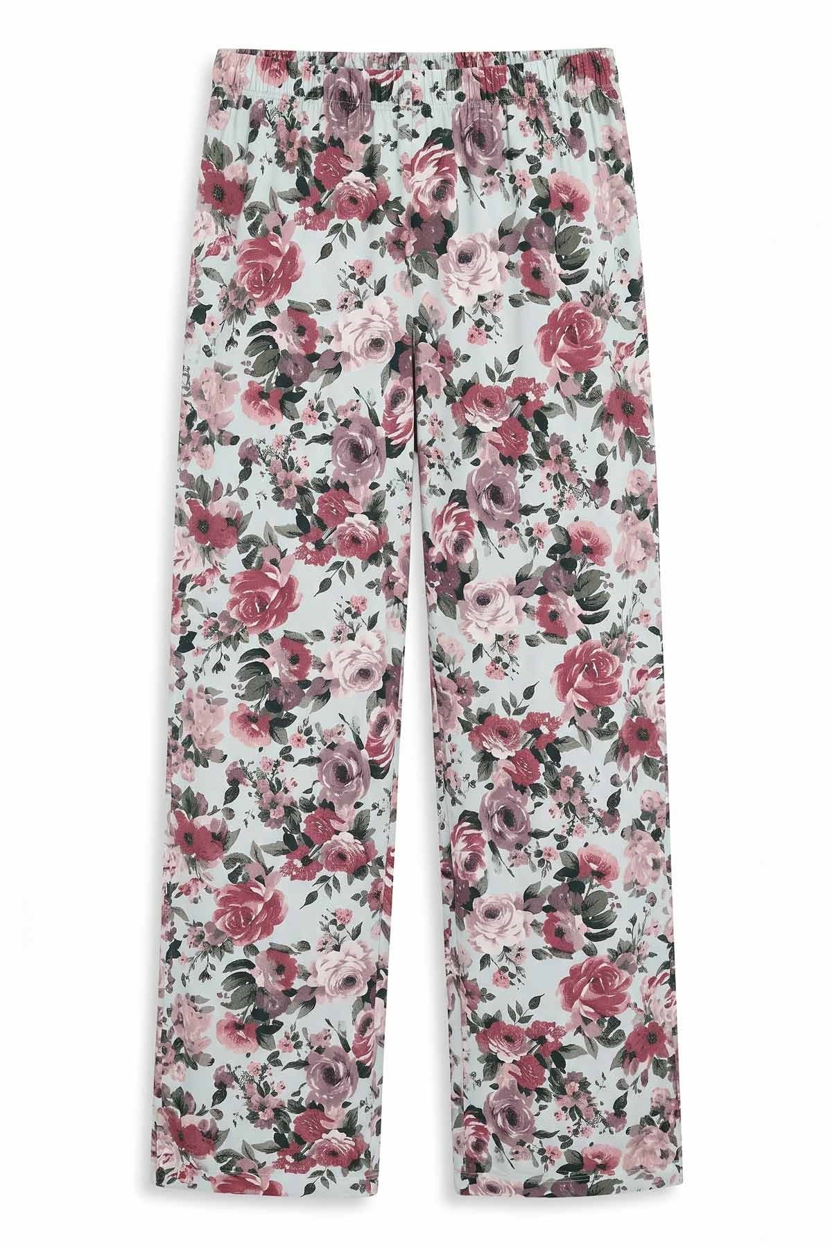 Mısırlı Kadın Viskon Çiçekli Alt Pijama Su Yeşili