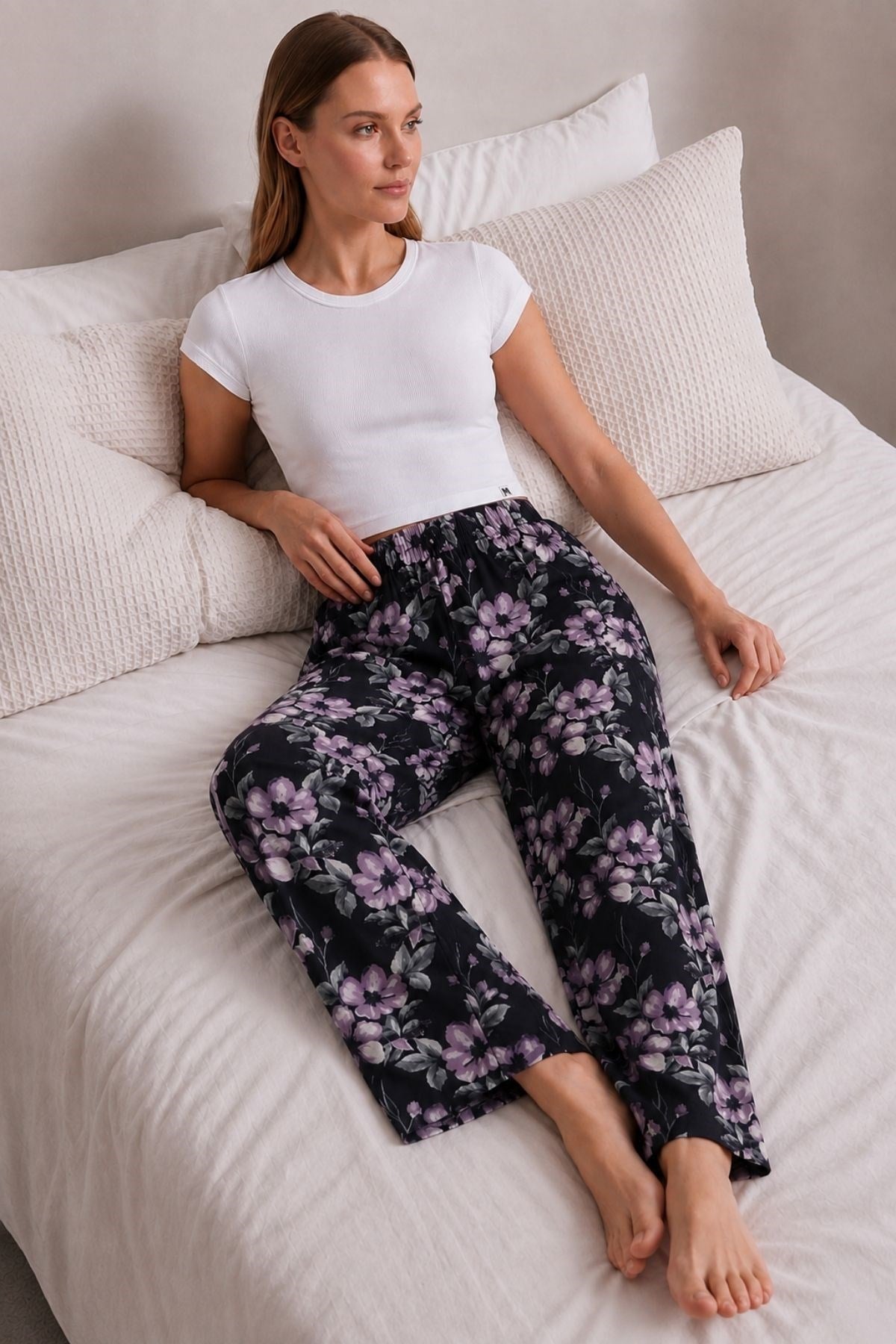 Mısırlı Kadın Viskon Çiçekli Alt Pijama Siyah